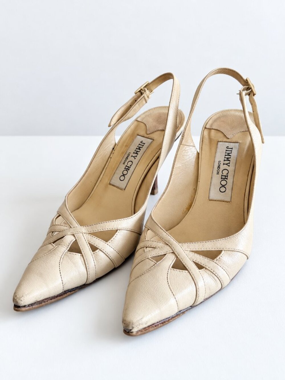 Jimmy Choo Kansas Cream Goat Leather Pointed Toe Slingback Heels 35.5